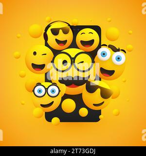 Molti emoticon Happy Yellow sorridenti con varie espressioni facciali davanti allo schermo di uno smartphone, divertendosi con un Social Media Service, Mo Illustrazione Vettoriale