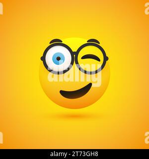 Emoticon sorridente e avvolgente con gli occhiali - emoticon semplice e brillante su sfondo giallo - Design vettoriale Illustrazione Vettoriale