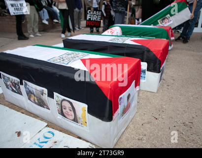 Austin, Texas, USA, 12 novembre 2023. Si stima che circa 7.000 manifestanti che sostenevano la pace in Medio Oriente riempirono Austin Street vicino al Campidoglio del Texas domenica sera. I manifestanti a favore della Palestina hanno criticato l’uccisione di civili e bambini, invitando i legislatori statunitensi a insistere su un cessate il fuoco. Queste scatole, drappeggiate con bandiere palestinesi per sembrare cofanetti, rappresentano alcuni dei morti. ©Bob Daemmrich Foto Stock