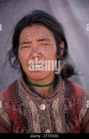 Ritratto di una donna nomade Changpa, Ladakh, India Foto Stock