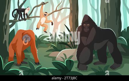 Scimmie nella giungla. Animali esotici in natura, gorilla, oranghi e piccoli primati, foresta tropicale, piante e alberi. I mammiferi selvatici sono piatti Illustrazione Vettoriale