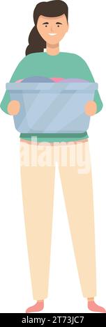 Donna sorridente con vettore di cartoni animati icona del cestino della lavanderia. Lavare i vestiti sporchi. Faccende domestiche. Illustrazione Vettoriale