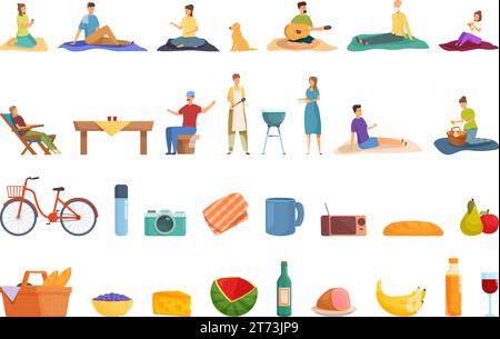 Picnic nel parco cittadino con le icone dei cartoni animati. Cena servita sul prato. Radio Park City Illustrazione Vettoriale