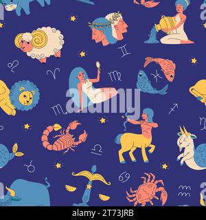 Motivo senza cuciture dei segni zodiacali. Cielo notturno con simboli astrologici e stelle, divertenti elementi oroscopo, carino leo, virgo e arie. Decorazioni in tessuto Illustrazione Vettoriale