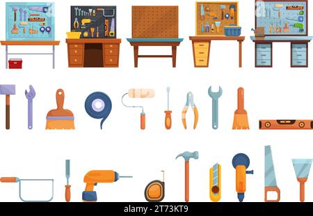 Le icone della bacheca degli strumenti del garage impostano il vettore dei cartoni animati. Officina interna. Utensile per tavole di legno Illustrazione Vettoriale