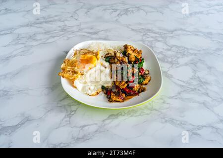 Vista dall'alto della carne di coccodrillo fritta con peperoncino e aglio con riso e uovo fritto in piatto bianco su fondo di marmo. Mescolare il basilico fritto Foto Stock