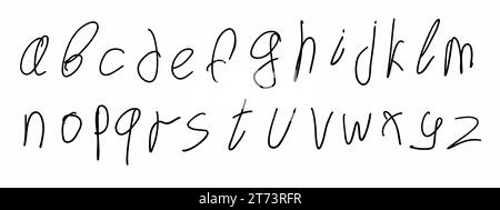 Scribbi i caratteri minuscoli dell'alfabeto nero inglese abc latin raccolta Dalla A alla Z. Illustrazione vettoriale in stile doodle scritto a mano isolato su whi Illustrazione Vettoriale