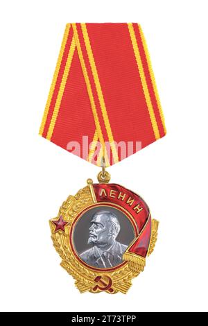 Ordine di Lenin con l'iscrizione 'Lenin' in russo. Isolato su bianco Foto Stock