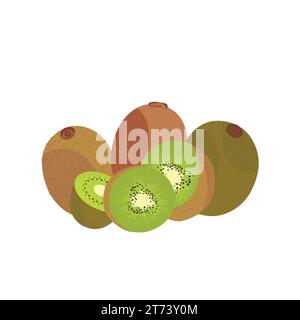 Set di icone Kiwi Fruit Vector Design. Frutto di kiwi intero maturo e frutto di mezzo kiwi isolato su fondo bianco. Mezza sezione trasversale di uva spina cinese Illustrazione Vettoriale