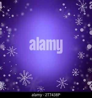 Felice anno nuovo sfondo quadrato viola con fiocchi di neve bianchi. Biglietto d'auguri per le festività. Per cartoline, banner, poster. Foto Stock