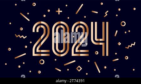 2024, felice anno nuovo. Biglietto d'auguri con testo felice anno nuovo 2024. Coriandoli fuochi d'artificio stile brillante felice anno nuovo, buon Natale. Sfondo festivo 2024, banner, poster. Illustrazione vettoriale Illustrazione Vettoriale