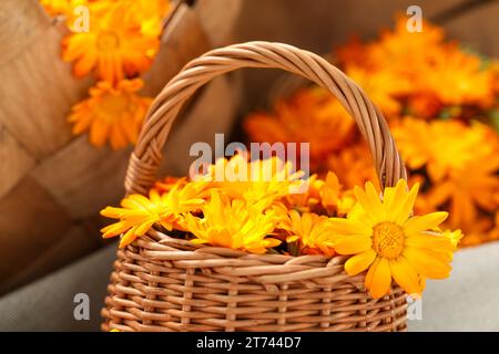 Bellissimi fiori di calendula freschi nel cestino di vimini sul tavolo, primo piano Foto Stock