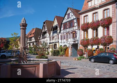 Bergheim in Alsazia, fontana di fronte a case in legno Foto Stock