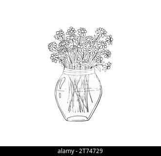 Bouquet di fiori in vaso.bouquet di Doodle, fiori di camomilla disegnati a mano. Mazzo di margherite in un barattolo, un regalo romantico per le vacanze. Flusso semplice Illustrazione Vettoriale