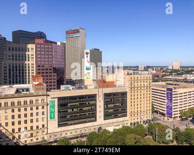 Dallas, USA - 6 novembre 2023: Vista dello skyline di Boston dalla piattaforma panoramica al grattacielo nel quartiere storico. Foto Stock