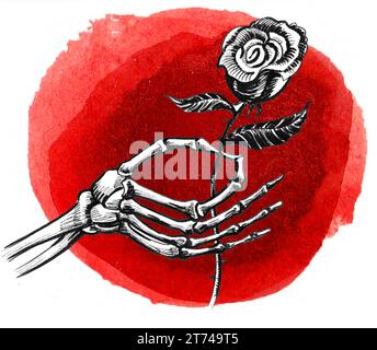 Mano scheletrica con un fiore di rosa. Inchiostro vintage disegnato a mano e illustrazione ad acquerello Foto Stock