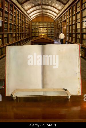 Libro antico aperto con pagine testurizzate con una biblioteca antica sullo sfondo. Foto Stock