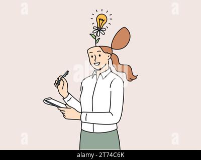 Donna d'affari con fiori che crescono dalla testa e dalla lampadina, metafora per avere idee creative per aumentare la produttività. Lady scrive nuove idee nel notebook in modo da non dimenticare e scegliere quella migliore Illustrazione Vettoriale