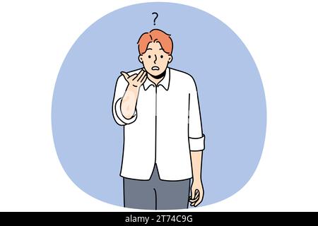 Giovane uomo confuso guardare la fotocamera sentire frustrato e insoddisfatto. Tipo infelice deluso con le informazioni o l'offerta. Illustrazione vettoriale. Illustrazione Vettoriale