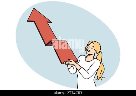 Donna d'affari sorridente che tiene la freccia rivolta verso l'alto. Una donna o una lavoratrice felice dimostrano progressi e successo. Illustrazione vettoriale. Illustrazione Vettoriale
