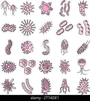 Set di icone per biologia batterica. Set di icone vettoriali per biologia batterica linea sottile con colore piatto su bianco Illustrazione Vettoriale
