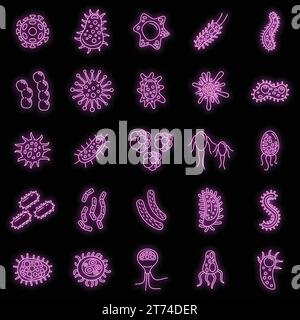 Set di icone per biologia batterica. Serie di icone vettoriali per biologia batterica colore neon su nero Illustrazione Vettoriale