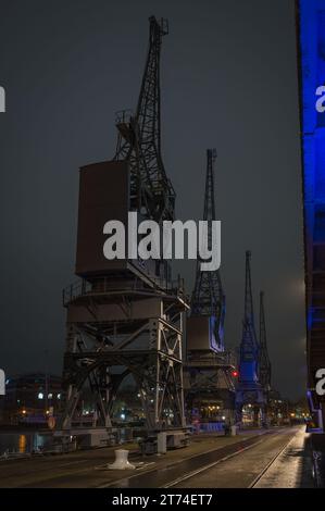 Le gru illuminate lungo il lungomare di fronte al M-Shed nel bacino di Cumberland, Bristol Docks, Bristol, Somerset, Inghilterra, REGNO UNITO Foto Stock