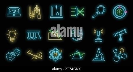 Set di icone per la scienza fisica. Serie di icone vettoriali per scienza fisica colore neon su nero Illustrazione Vettoriale