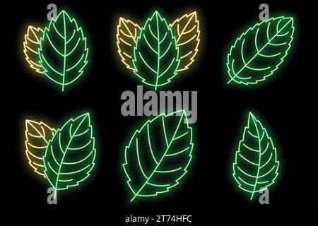 Set di icone menta piperita. Contorno di icone vettoriali di menta piperita colore neon nero Illustrazione Vettoriale