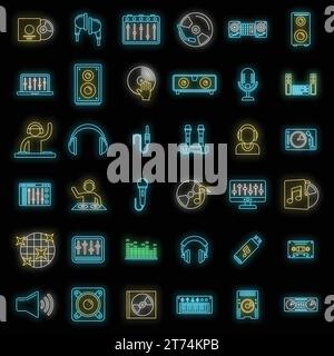 Set di icone DJ. Set di icone vettoriali dj colore neon nero Illustrazione Vettoriale