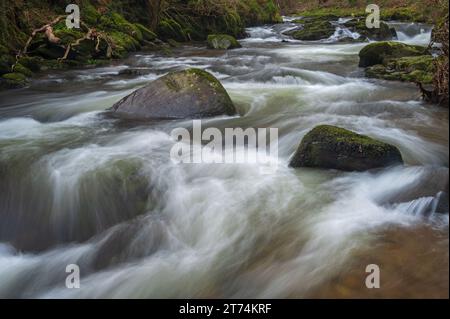 Acqua fluente veloce sui fiumi presso National Trusts Watersmeet nel Devon settentrionale, Devon, Inghilterra, Regno Unito Foto Stock