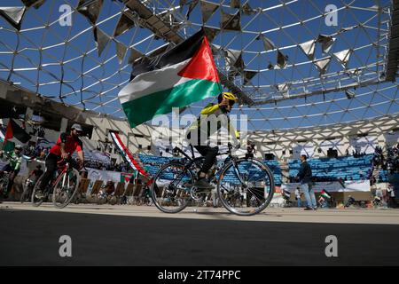 Gli yemeniti tengono in mano bandiere palestinesi, ballano e cavalcano una bicicletta durante una veglia per mostrare solidarietà al popolo palestinese, a Sana'a, Yemen, il 13 novembre 2023. Migliaia di israeliani e palestinesi sono morti da quando il gruppo militante Hamas ha lanciato un attacco senza precedenti contro Israele dalla Striscia di Gaza il 7 ottobre e gli scioperi israeliani sull'enclave palestinese. Foto Stock