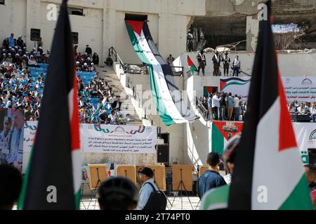 Gli yemeniti tengono in mano bandiere palestinesi, ballano e cavalcano una bicicletta durante una veglia per mostrare solidarietà al popolo palestinese, a Sana'a, Yemen, il 13 novembre 2023. Migliaia di israeliani e palestinesi sono morti da quando il gruppo militante Hamas ha lanciato un attacco senza precedenti contro Israele dalla Striscia di Gaza il 7 ottobre e gli scioperi israeliani sull'enclave palestinese. Foto Stock