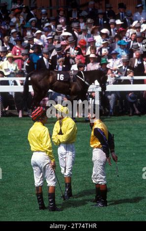 I fantini nel Paddock, i loro cavalli camminano intorno al ring un paio di volte, il proprietario augura al loro fantino buona fortuna e poi inizia la gara. Corse di cavalli Royal Ascot. Ascot, Berkshire, Inghilterra giugno 1995 1990s UK HOMER SYKES Foto Stock