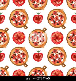 Pizza senza cuciture con pomodori, olive e formaggio. Illustrazione ad acquerello per menu, ricette, tessuti da cucina, design di caffetterie, ristoranti e Foto Stock