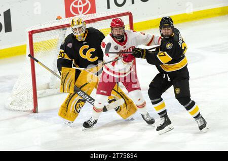 Il portiere Kaidan Mbereko del Colorado College fa un risparmio durante una partita di hockey al college. Robson Arena, Colorado College Campus, Colorado College Campus, Colorado. Springs, Colorado Foto Stock