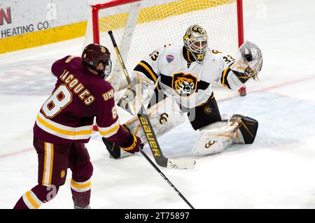 Il portiere Kaidan Mbereko del Colorado College fa un risparmio durante una partita di hockey al college. Robson Arena, Colorado College Campus, Colorado College Campus, Colorado. Springs, Colorado Foto Stock