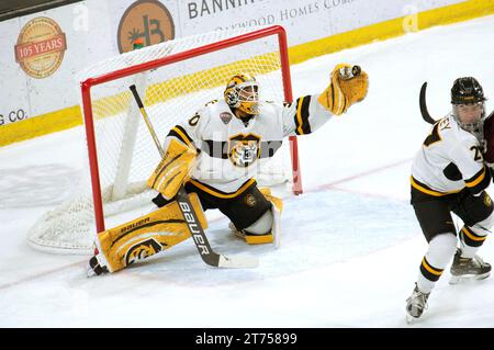 Il portiere Kaidan Mbereko del Colorado College fa un risparmio durante una partita di hockey al college. Robson Arena, Colorado College Campus, Colorado College Campus, Colorado. Springs, Colorado Foto Stock