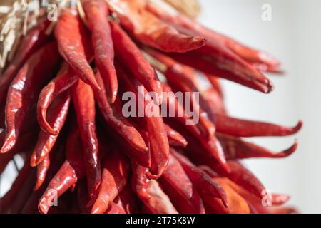 Dettaglio ravvicinato di una ristra rossa del cile, peperoni rossi secchi Uniti per creare un'esposizione decorativa. Foto Stock