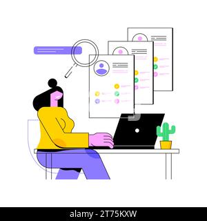 Ricerca di talenti illustrazioni vettoriali di cartoni animati isolate. Specialista delle risorse umane alla ricerca di un candidato tramite laptop, responsabile delle risorse umane, processo di reclutamento, pubblicazione di cartoni animati vettoriali di posti vacanti. Illustrazione Vettoriale