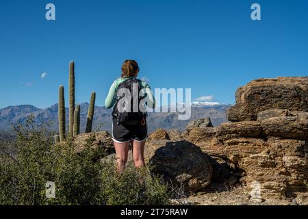 Woman si affaccia sulle Montagne innevate del Saguaro National Park Foto Stock