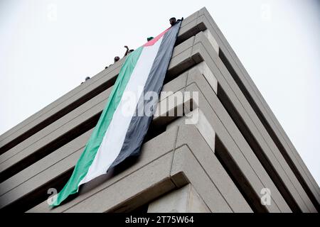 Austin, Texas, USA. 13 novembre 2023. I sostenitori palestinesi sventolano una grande bandiera palestinese mentre guardano migliaia marciare dal Campidoglio di Austin in Texas per protestare contro l'assedio e il bombardamento di Gaza da parte di Israele il 12 novembre. Il bombardamento indiscriminato ha ucciso undici mila civili ed è al suo secondo mese. (Immagine di credito: © Jaime Carrero/ZUMA Press Wire) SOLO USO EDITORIALE! Non per USO commerciale! Foto Stock