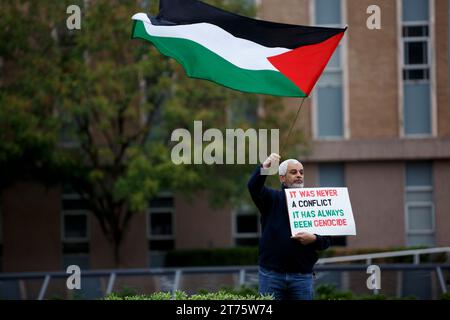 Austin, Texas, USA. 13 novembre 2023. Un uomo sventola una bandiera palestinese sul terreno del Campidoglio del Texas ad Austin, Texas, il 12 novembre. Era uno dei migliaia che conversero lì per chiedere un immediato cessate il fuoco dell'assedio israeliano di Gaza ora al suo secondo mese. Undici mila civili sono stati uccisi finora. (Immagine di credito: © Jaime Carrero/ZUMA Press Wire) SOLO USO EDITORIALE! Non per USO commerciale! Foto Stock