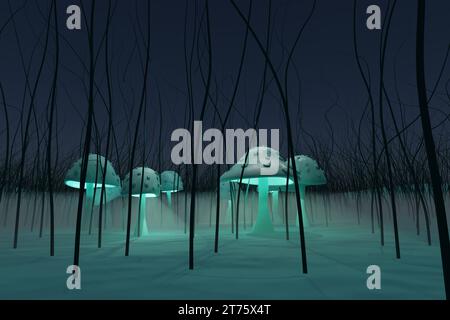 rendering 3d di funghi luminosi disposti in cerchio faerie e foresta fantasy Foto Stock