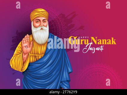 Happy Guru Nanak Jayanti festival biglietti d'auguri. India Hindu Sikh festeggia il compleanno di Guru Nanak Dev. illustrazione astratta del vettore. Illustrazione Vettoriale