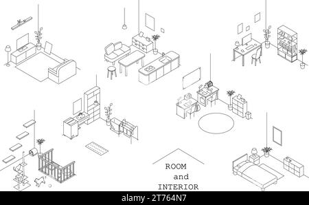 Trovare una stanza in affitto: Varie stanze, illustrazione isometrica semplice, illustrazione vettoriale Illustrazione Vettoriale