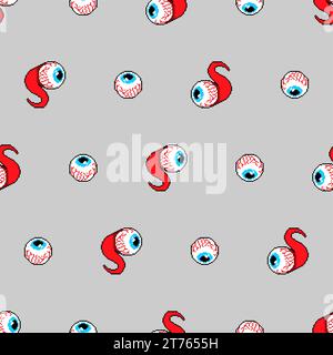 Pattern pixel art oculare senza cuciture. 8 bit sfondo anatomico occhi e nervi. Illustrazione Vettoriale