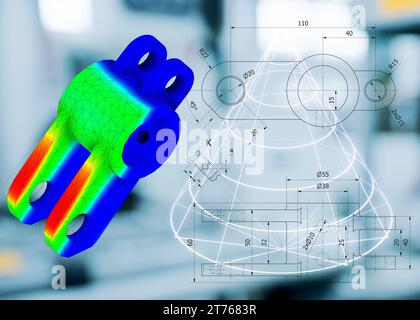 Analisi FEM su giunti meccanici metallici per calcolare resistenza, sollecitazione e forze prima del processo di produzione Foto Stock