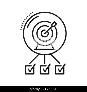 Icona Planning (pianificazione). Simbolo di progetto, obiettivo, gestione e pianificazione. Il segno lineare vettoriale isolato con puntamento e segni di spunta rappresenta il coordinamento strategico e l'esecuzione strutturata per raggiungere gli obiettivi Illustrazione Vettoriale