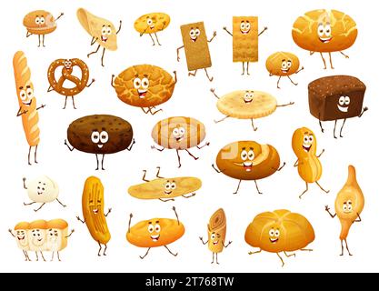 Cartoni animati, pane isolato e personaggi divertenti da forno. Prodotti Vector Bake Shop: Grano, loafs di segale, pretzel, panini, Patty pie. Personaggi della pasticceria con simpatici sorrisi, elementi di design per il menu caffetteria per bambini Illustrazione Vettoriale